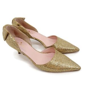 Kate Spade Gold Glitter Kitten Heels Size 8 D’Orsay Pointed Toe Bow Back Italy